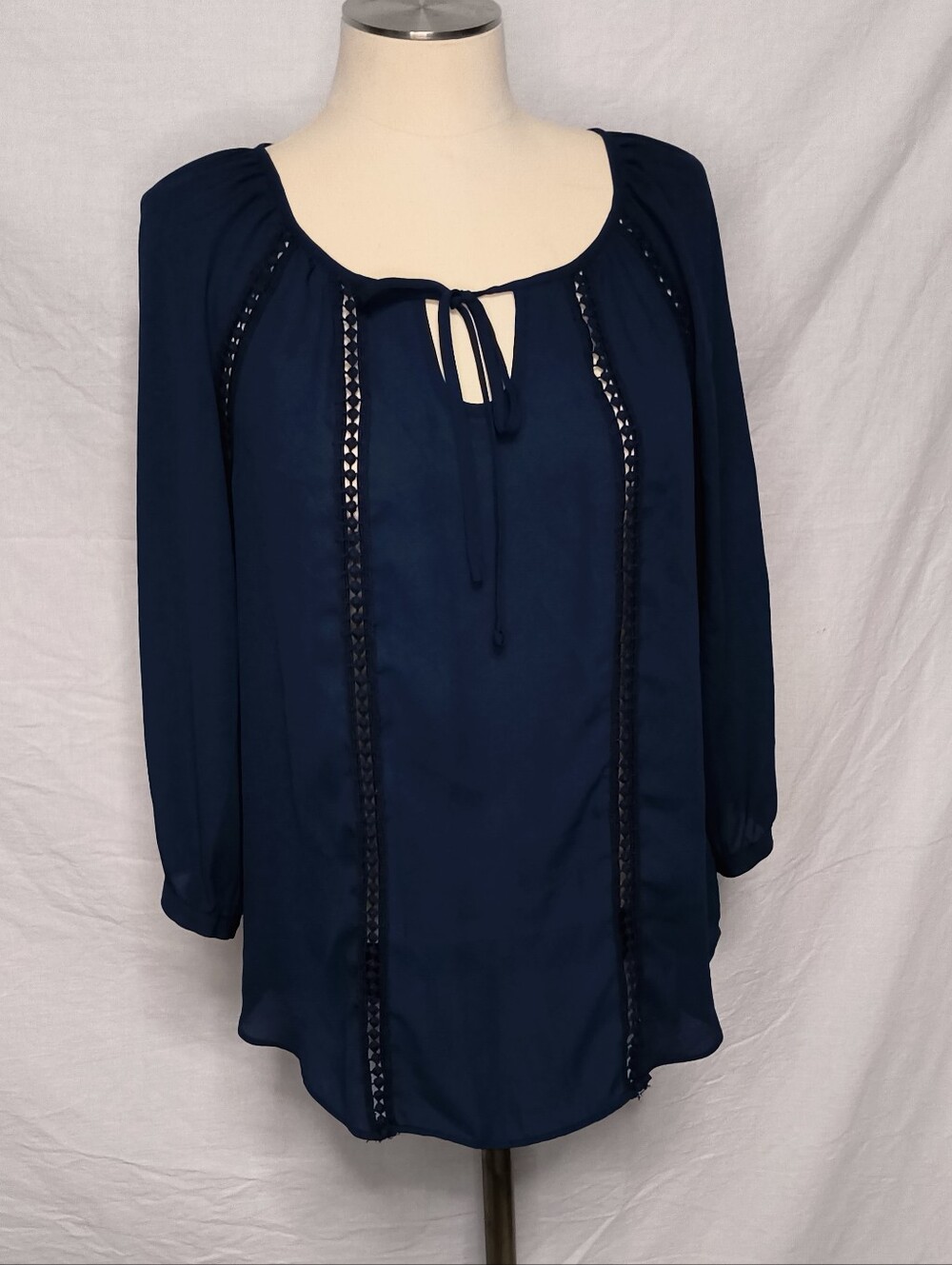 Iz Byer Navy Tie-Neck Peasant Blouse